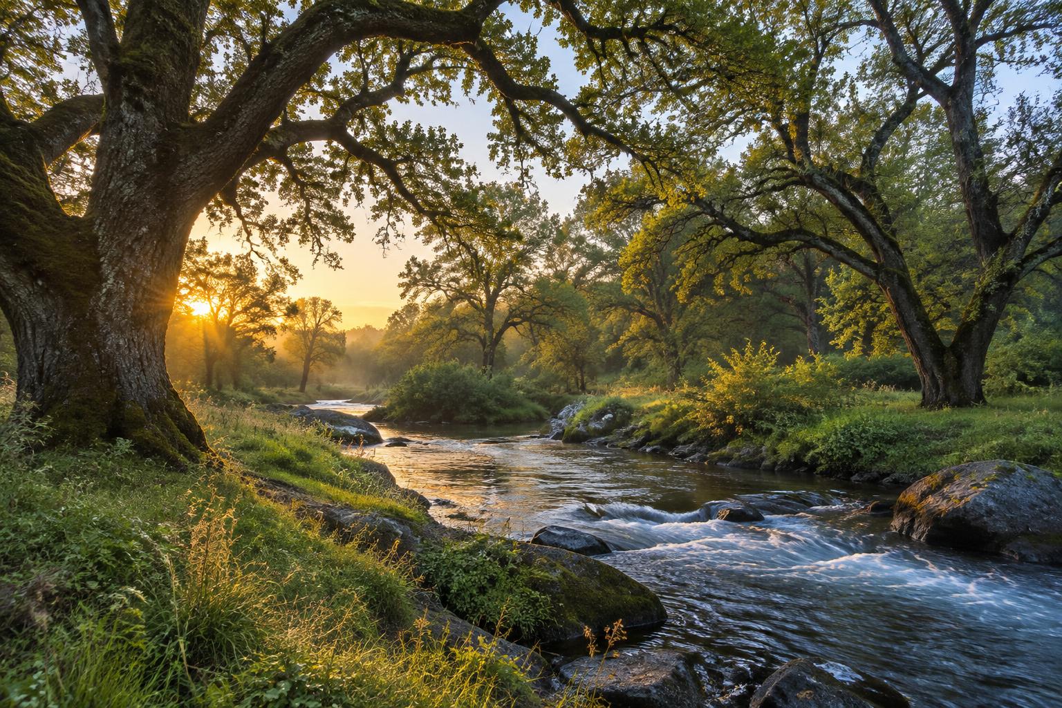 Morning light through oaks beside Big Chico Creek