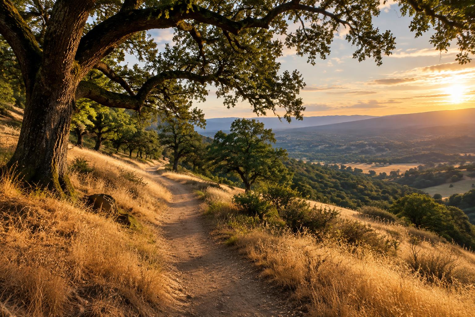 An oak-lined trail through Northern California foothills