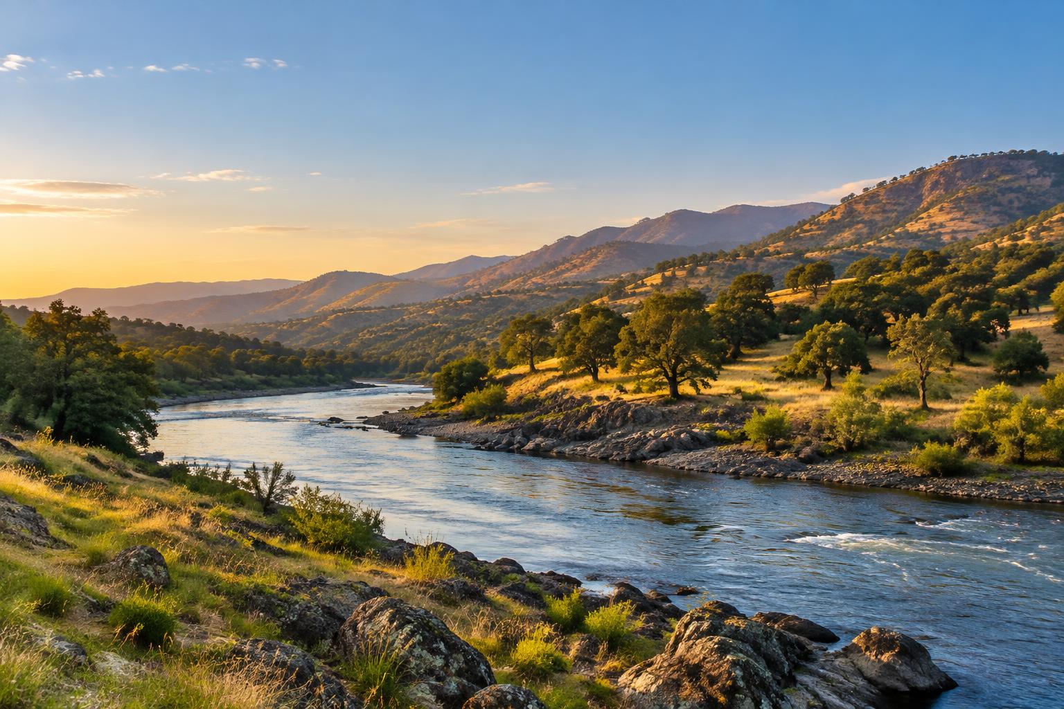 Feather River and Sierra foothills near Oroville in warm late-day light