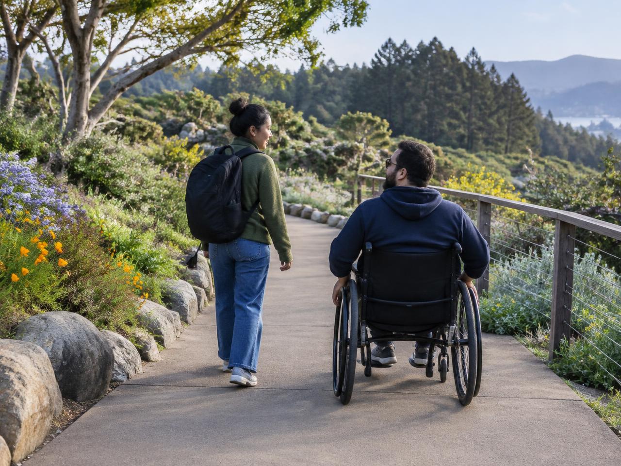Two adults traveling together along an accessible garden path