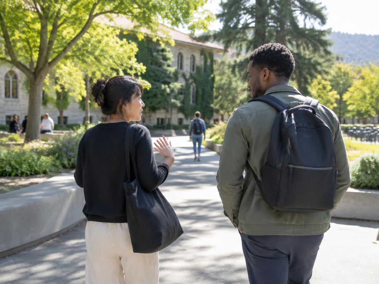 Two adults walking and talking on a campus path