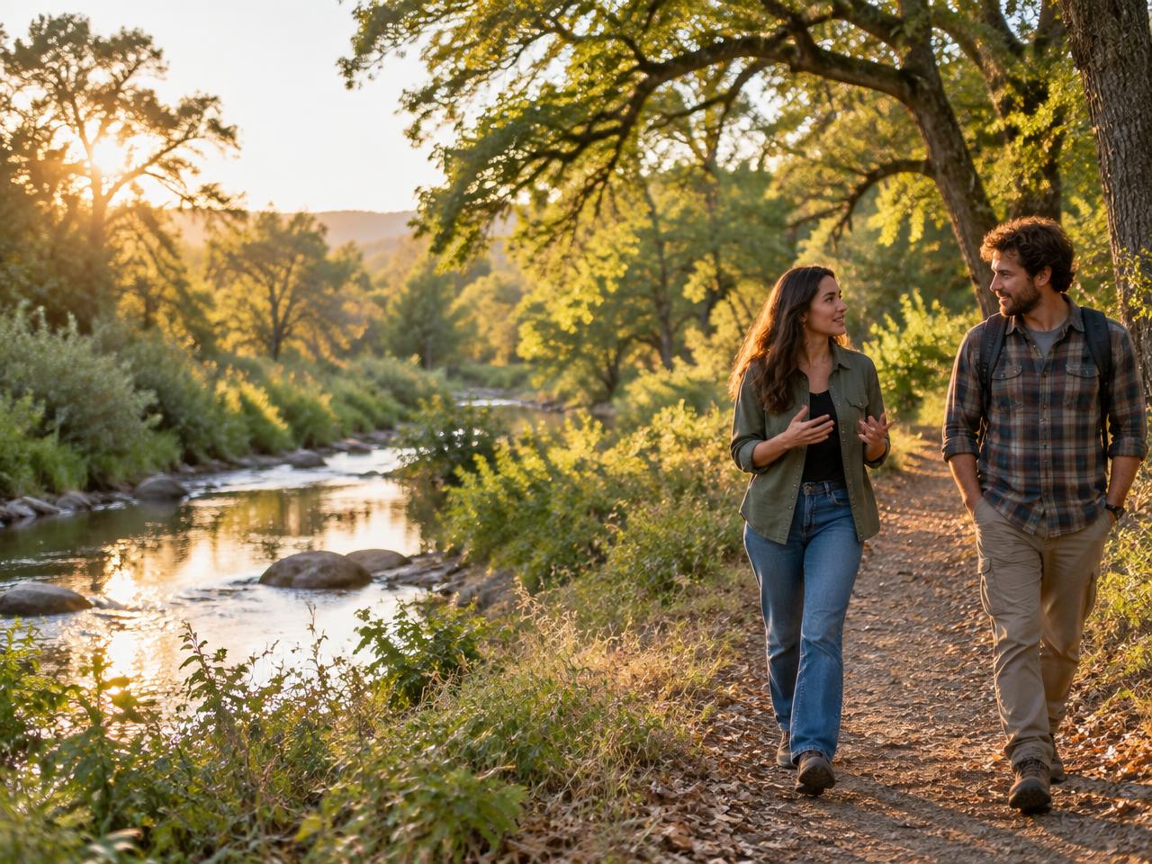Two adults talking beside a creek