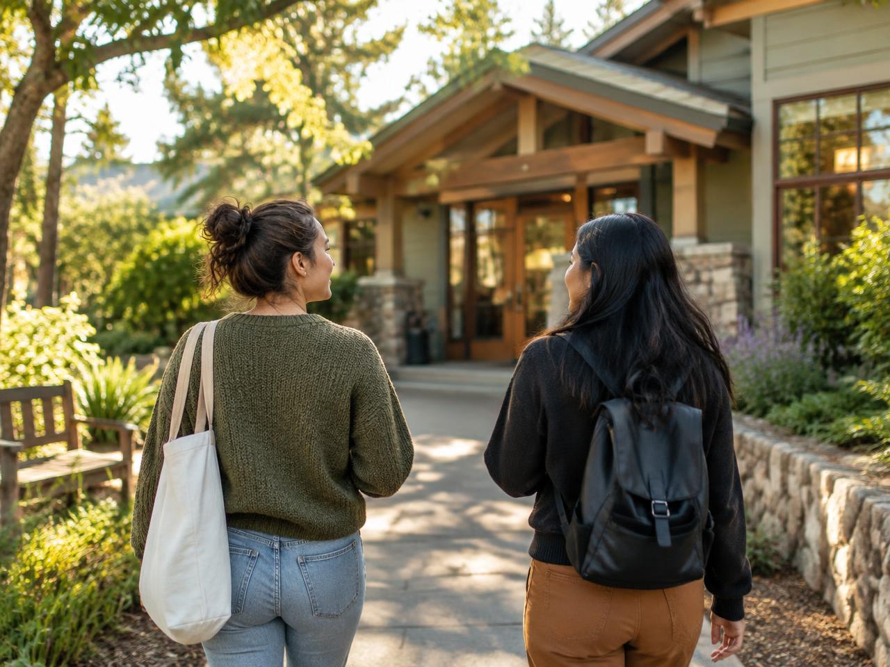 Two people approaching a neighborhood building