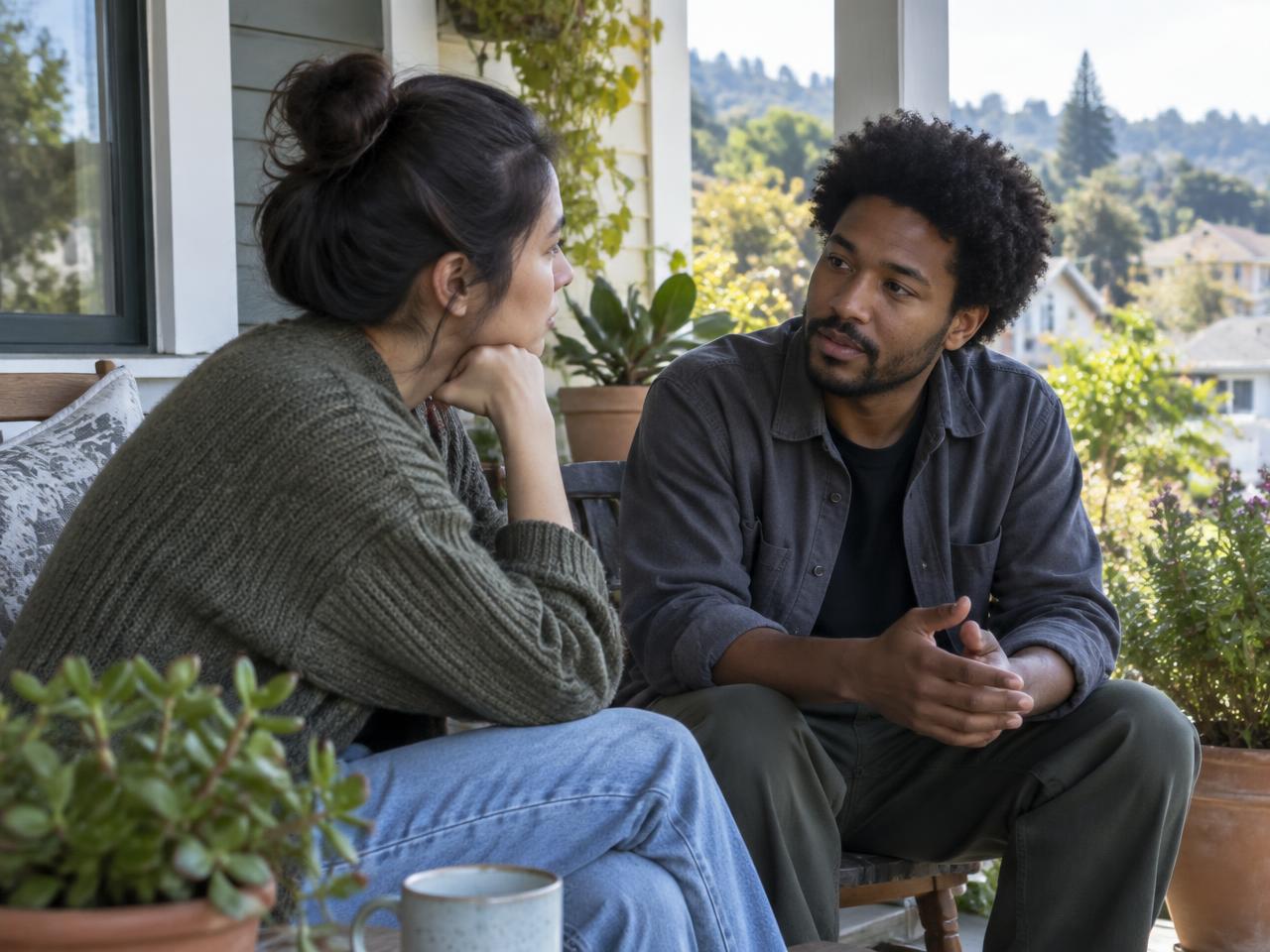 Two partners talking on a porch