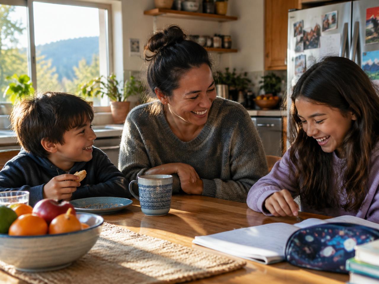 A parent and two children laughing together at a kitchen table