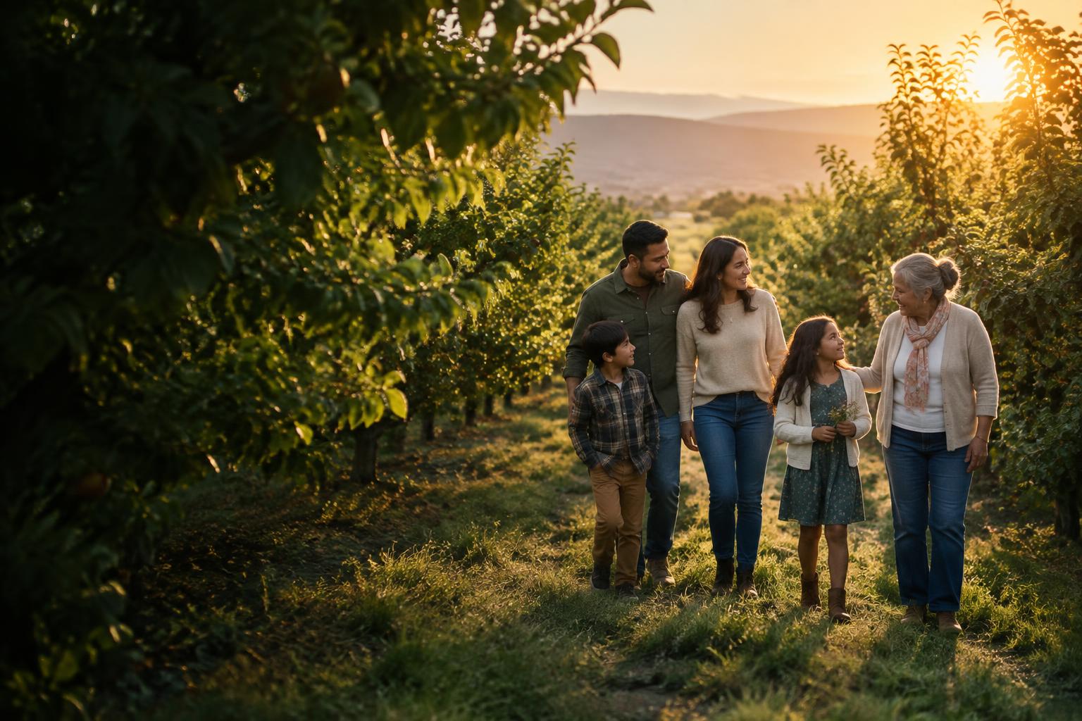 A multigenerational family walking together in a Northern California orchard