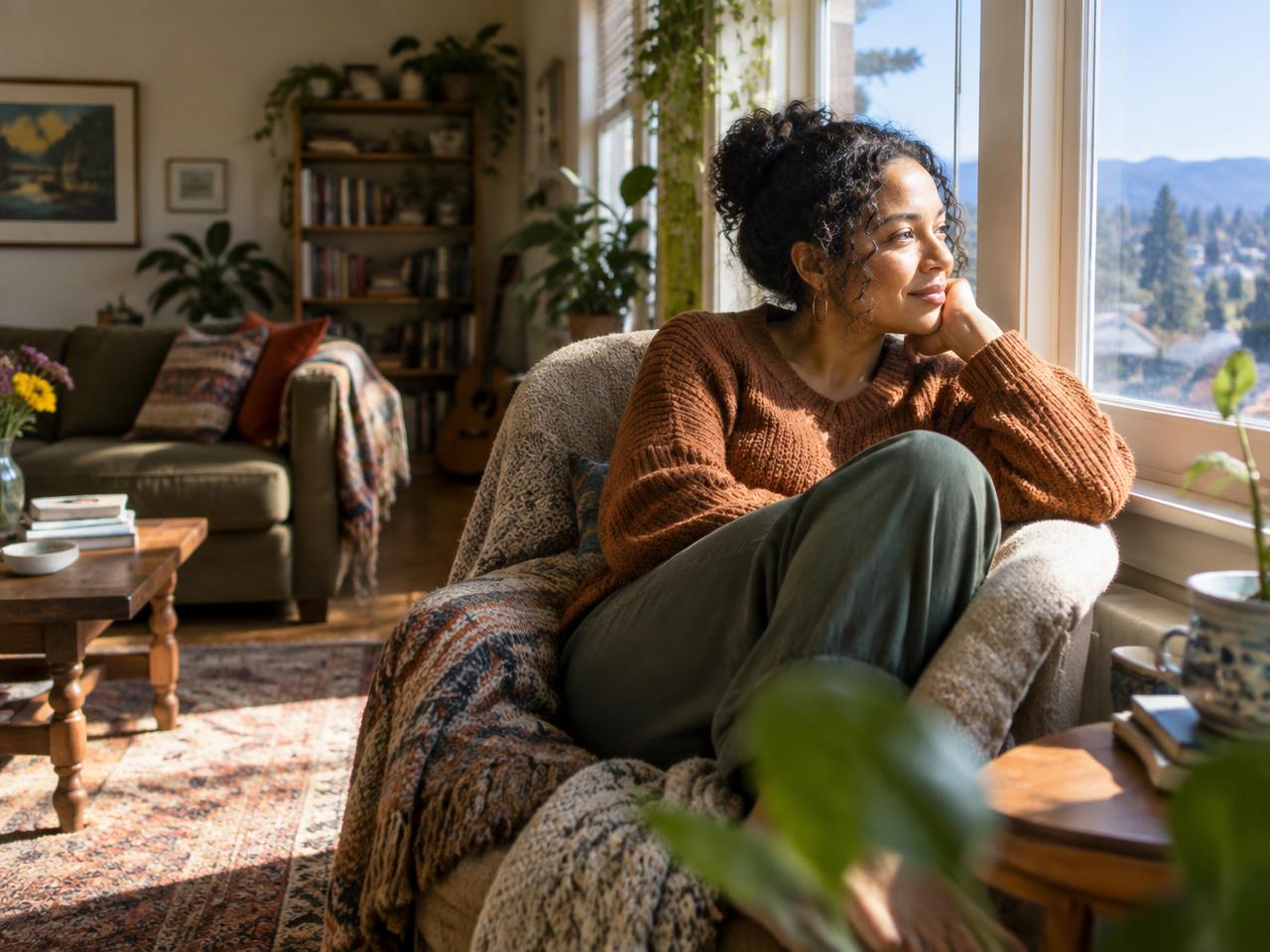An adult reflecting in a sunlit living room