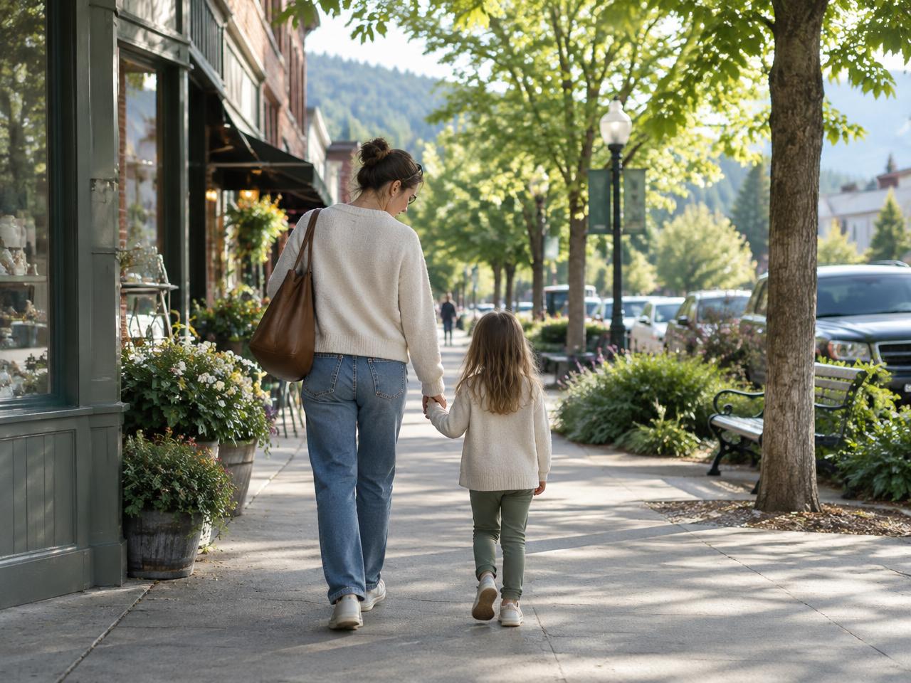 A parent and child walking along a leafy street