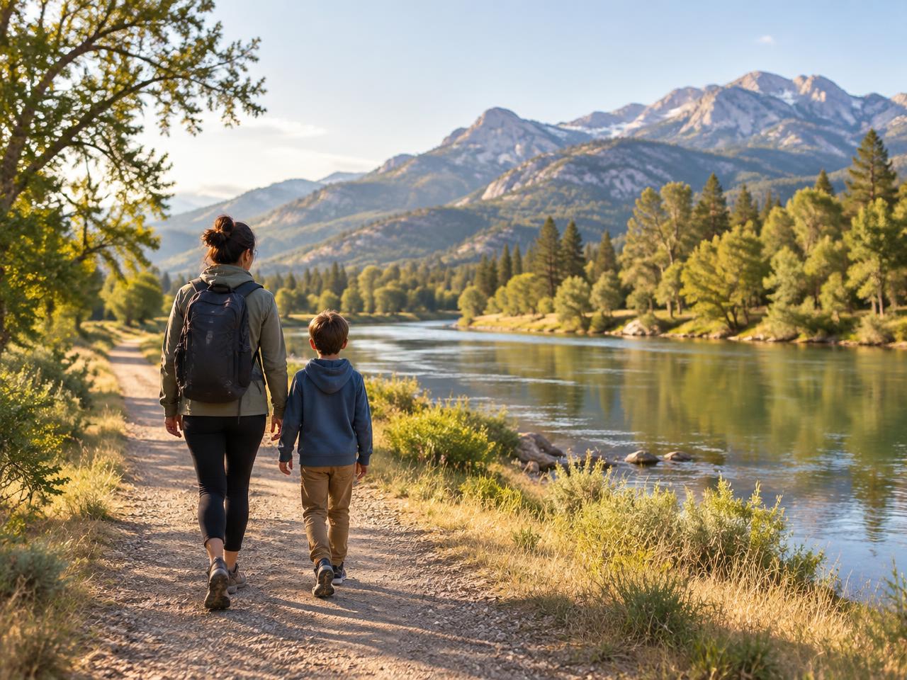 A parent and child walking beside a river