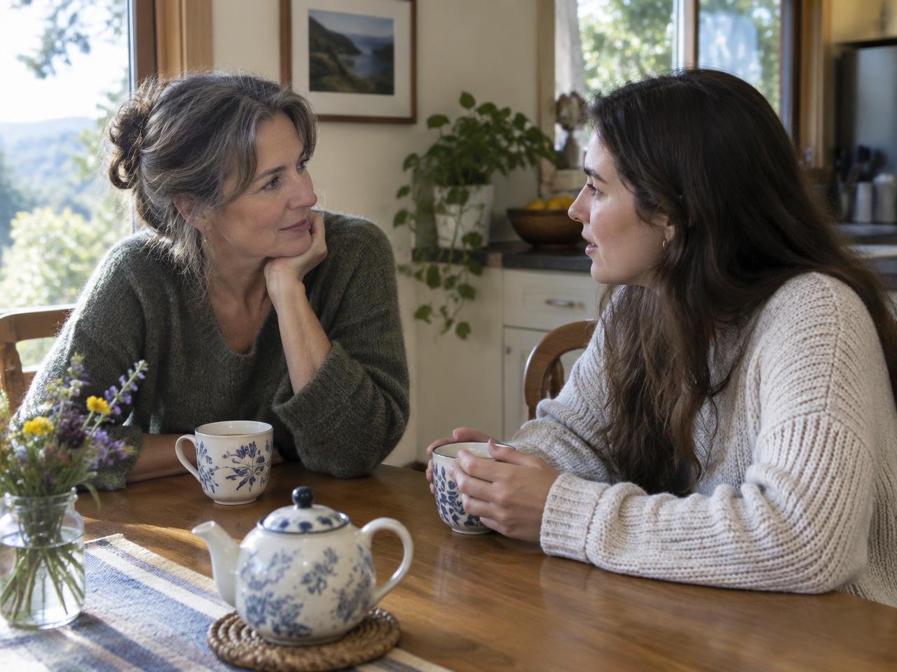 Two adults talking at a kitchen table