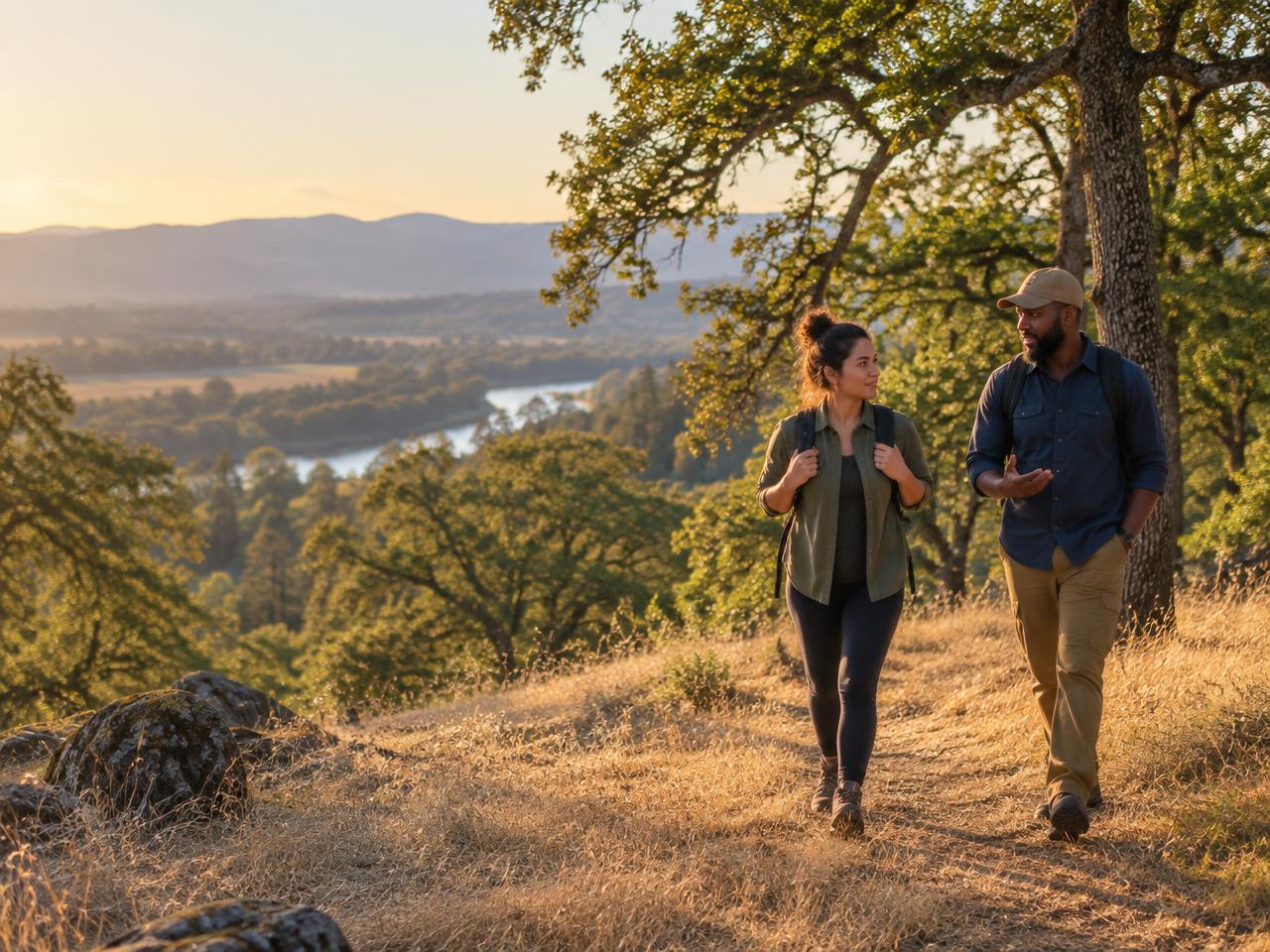 Two adults walking above the Sacramento River valley