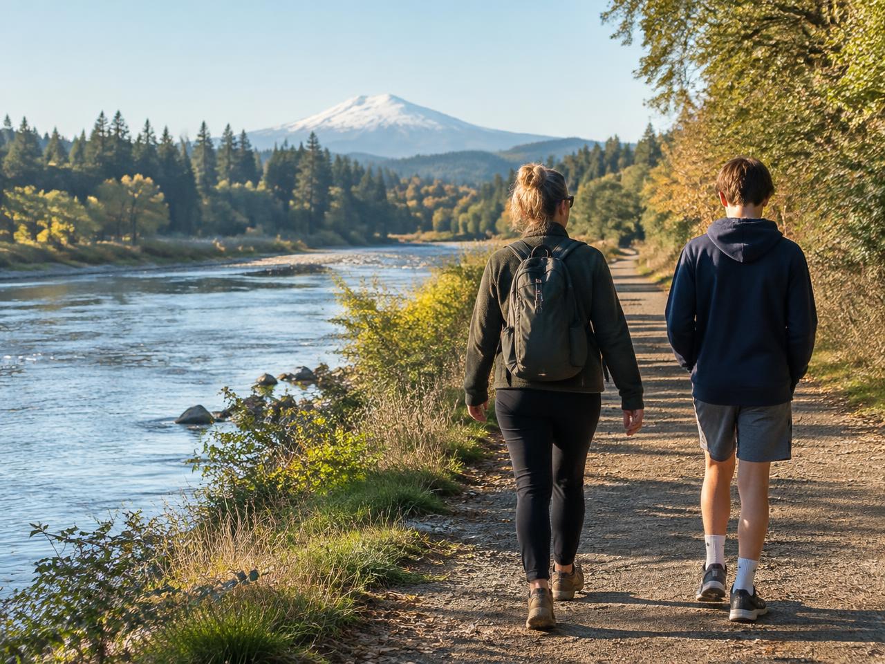 A parent and teen walking beside a river