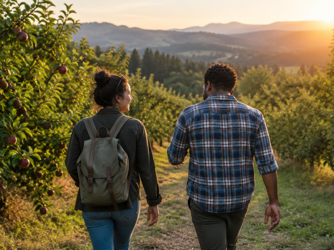 Two friends walking among orchard rows