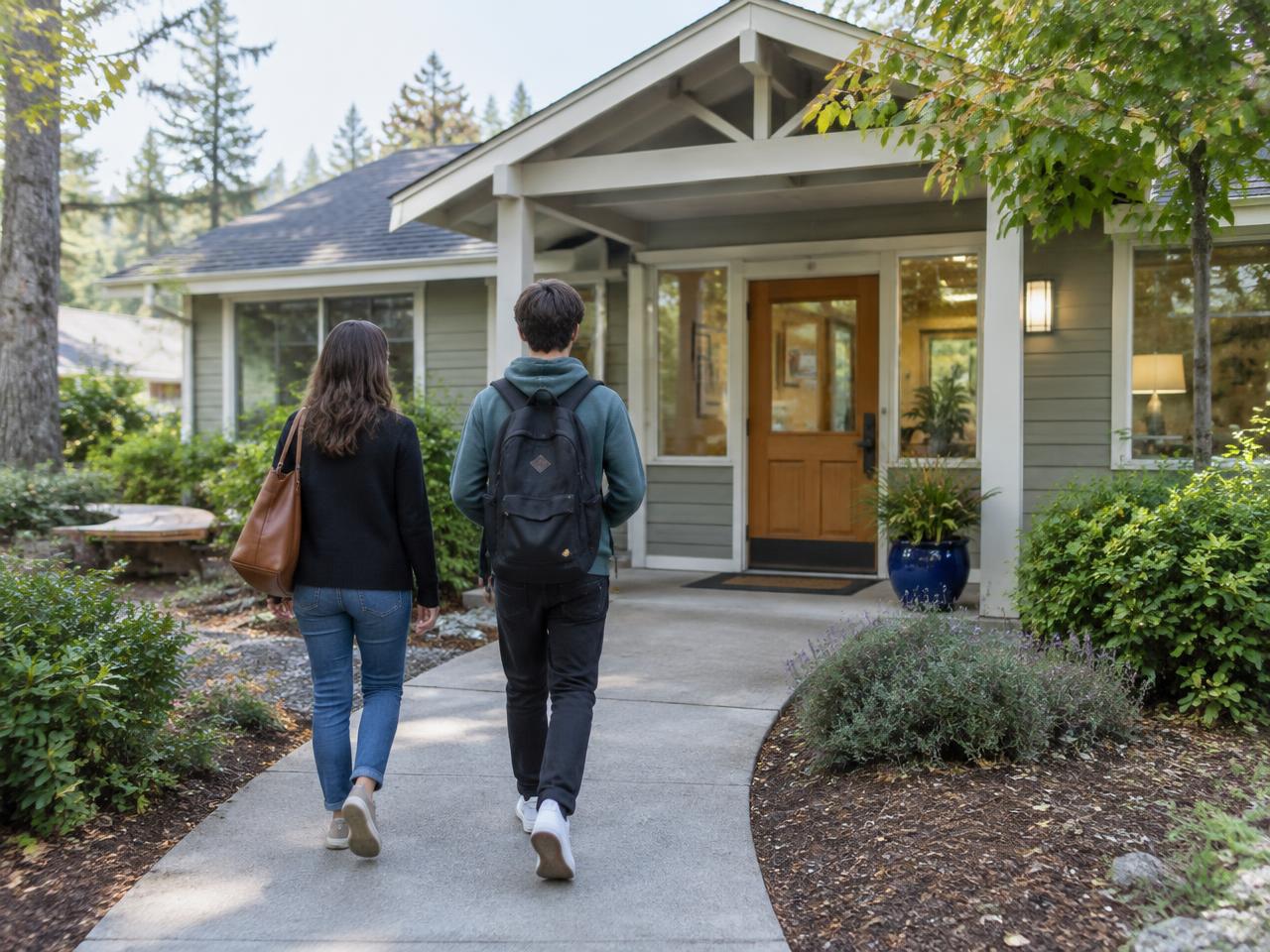 An adult and teen approaching a neighborhood building