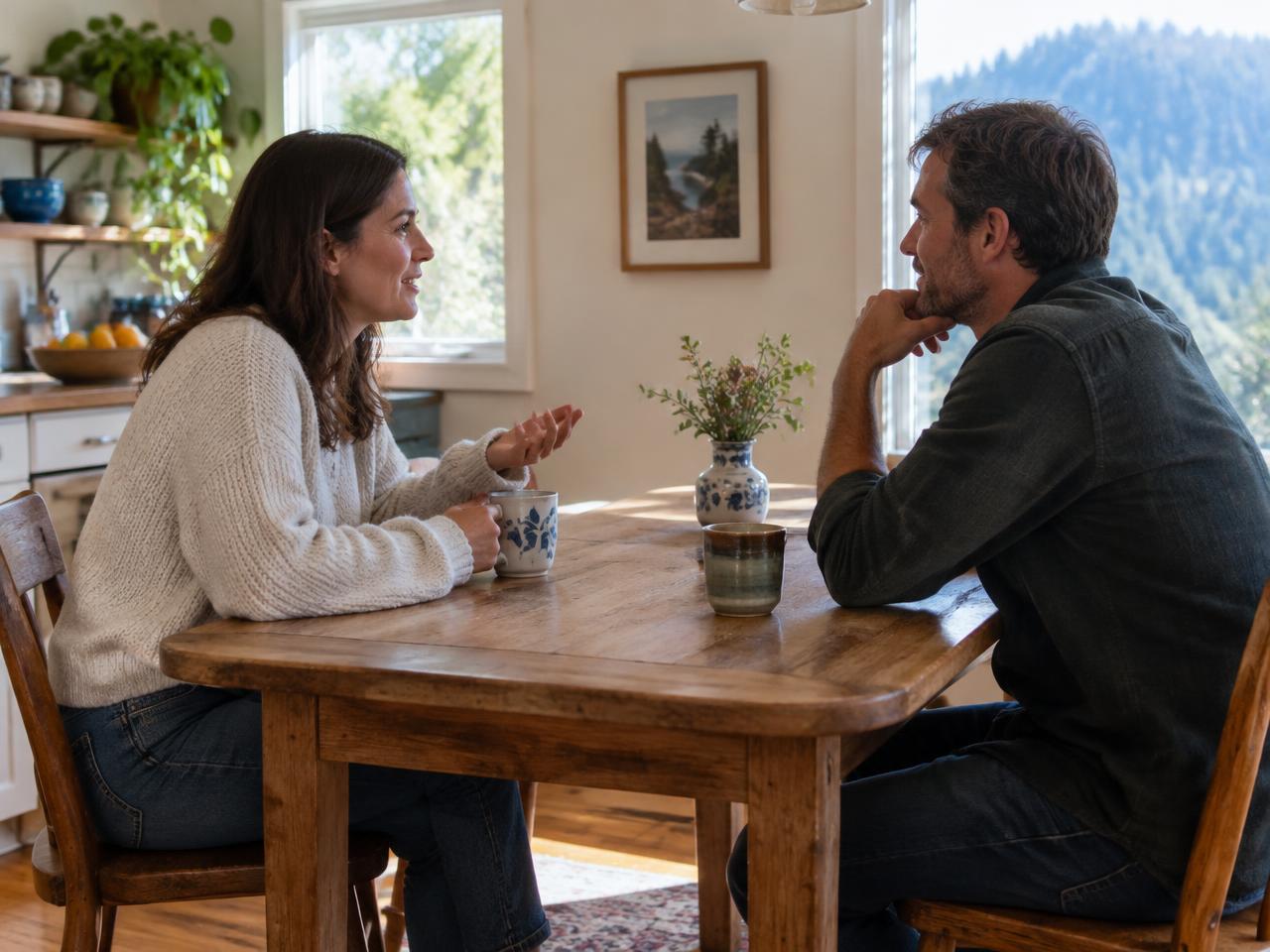 Two adults talking at home