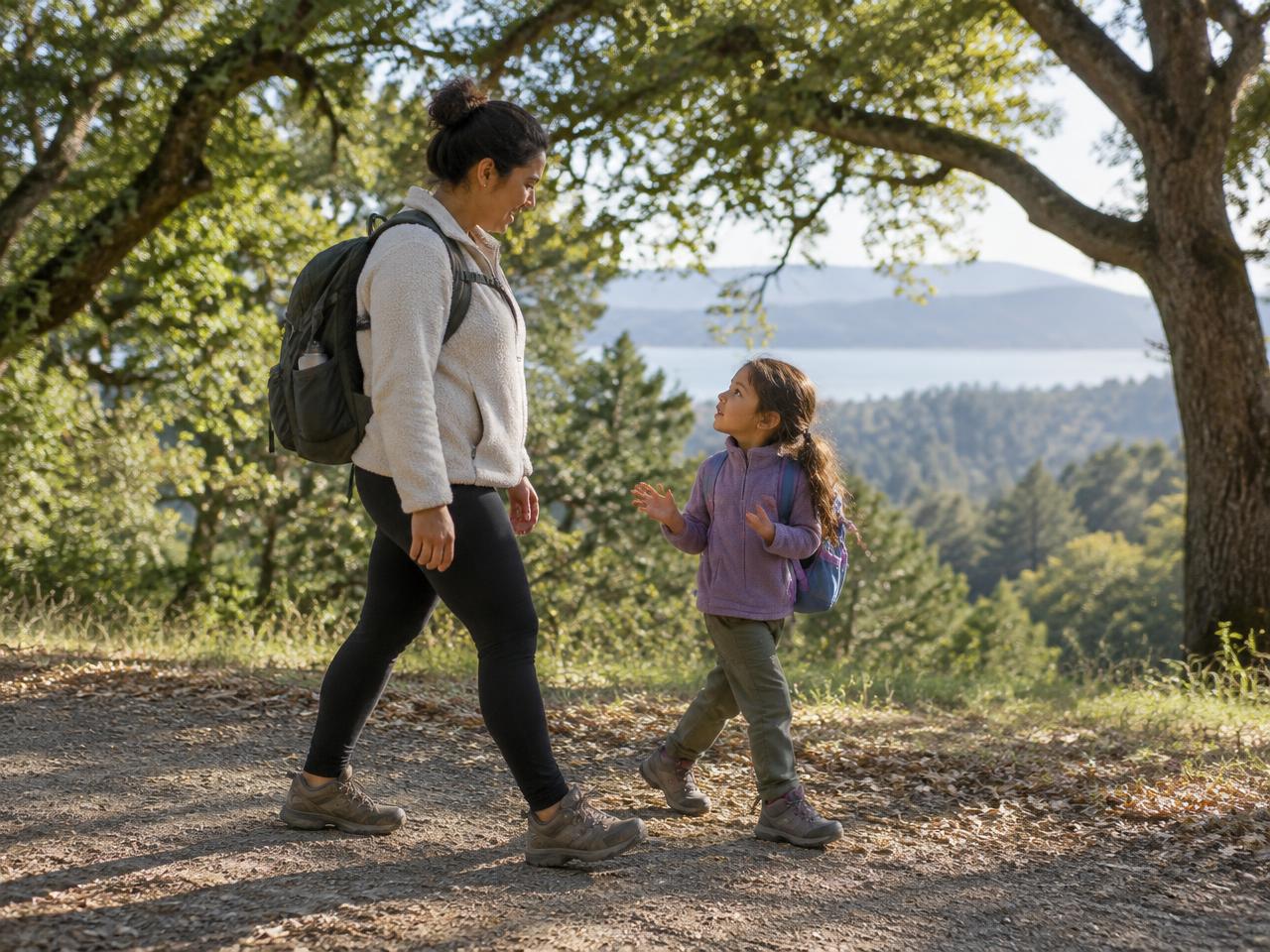 A parent and child walking on an oak-shaded trail