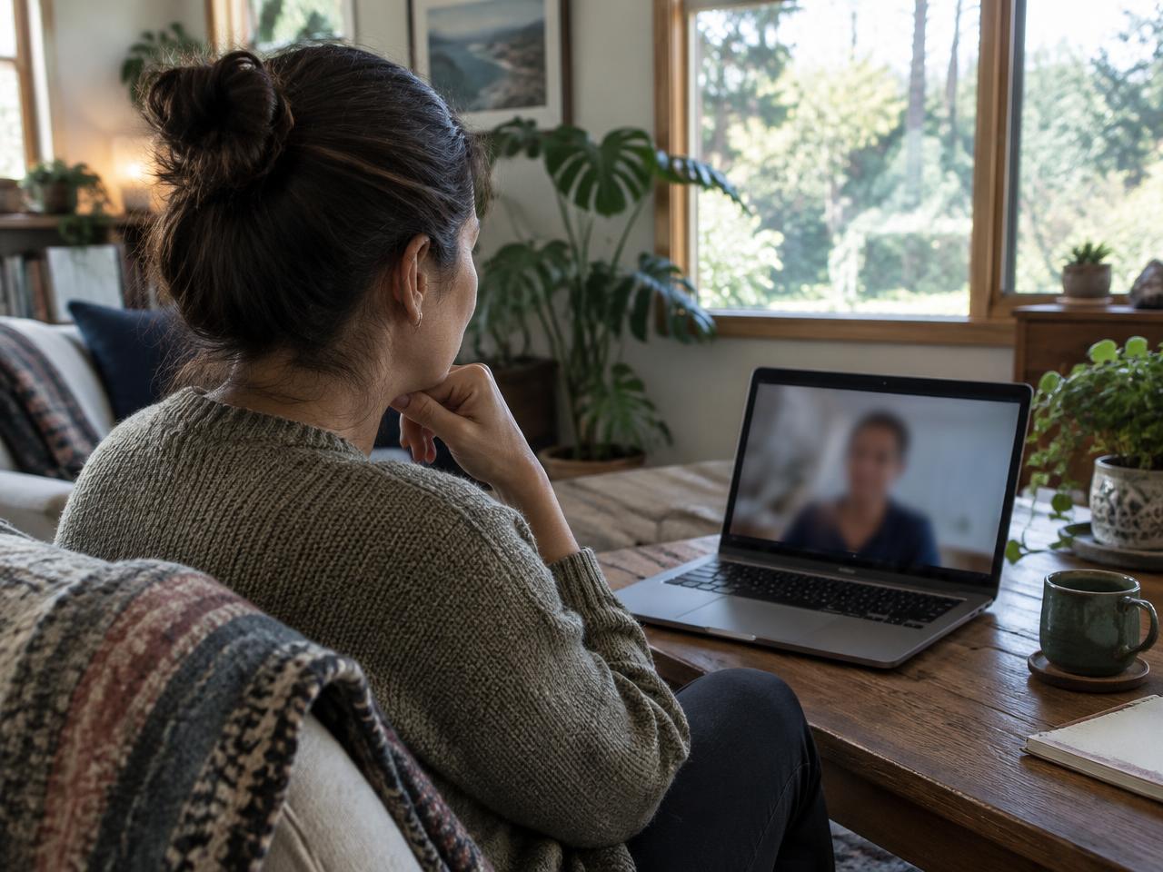 An adult attending a video session from home