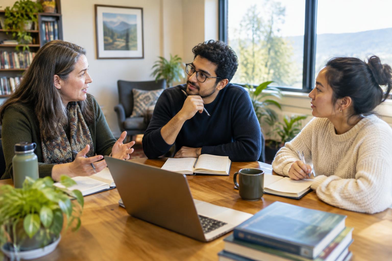 A supervisor and two adult graduate trainees in conversation in a bright training room