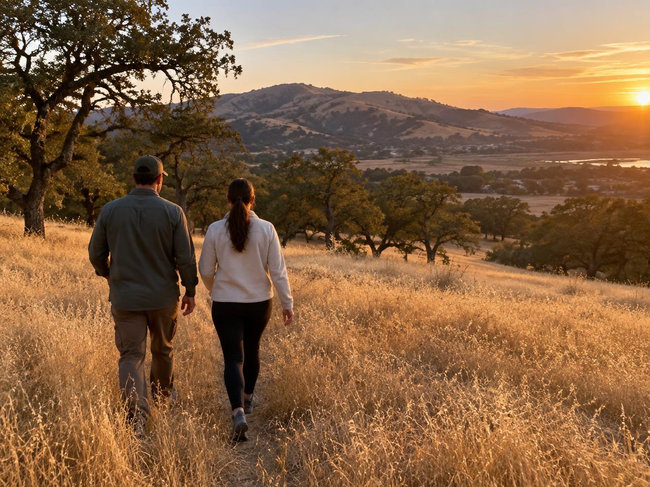 Two adults walking through oak grassland