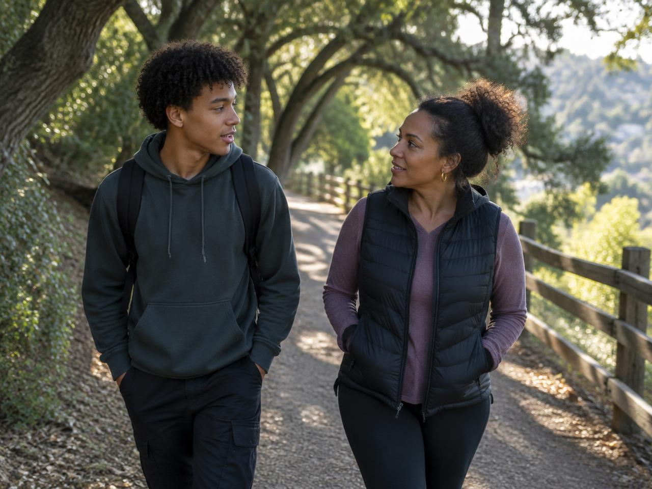A teen and parent talking on a woodland walk