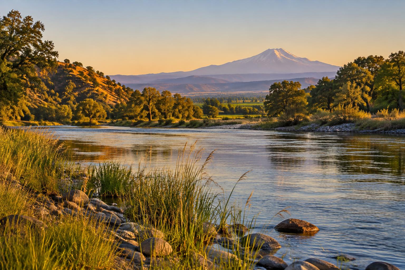 Sacramento River valley near Red Bluff with Mount Lassen in the distance