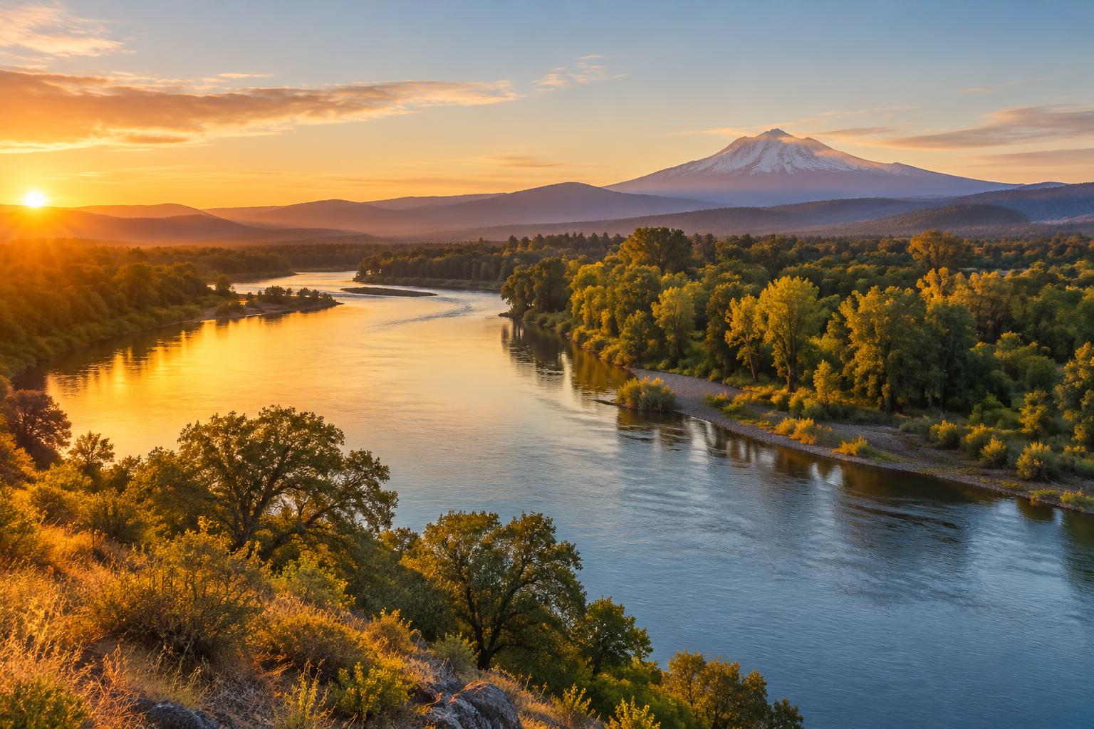 Sunrise over the Sacramento River with a mountain in the distance