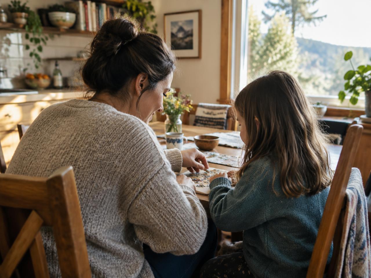 A parent and child sharing time at a kitchen table