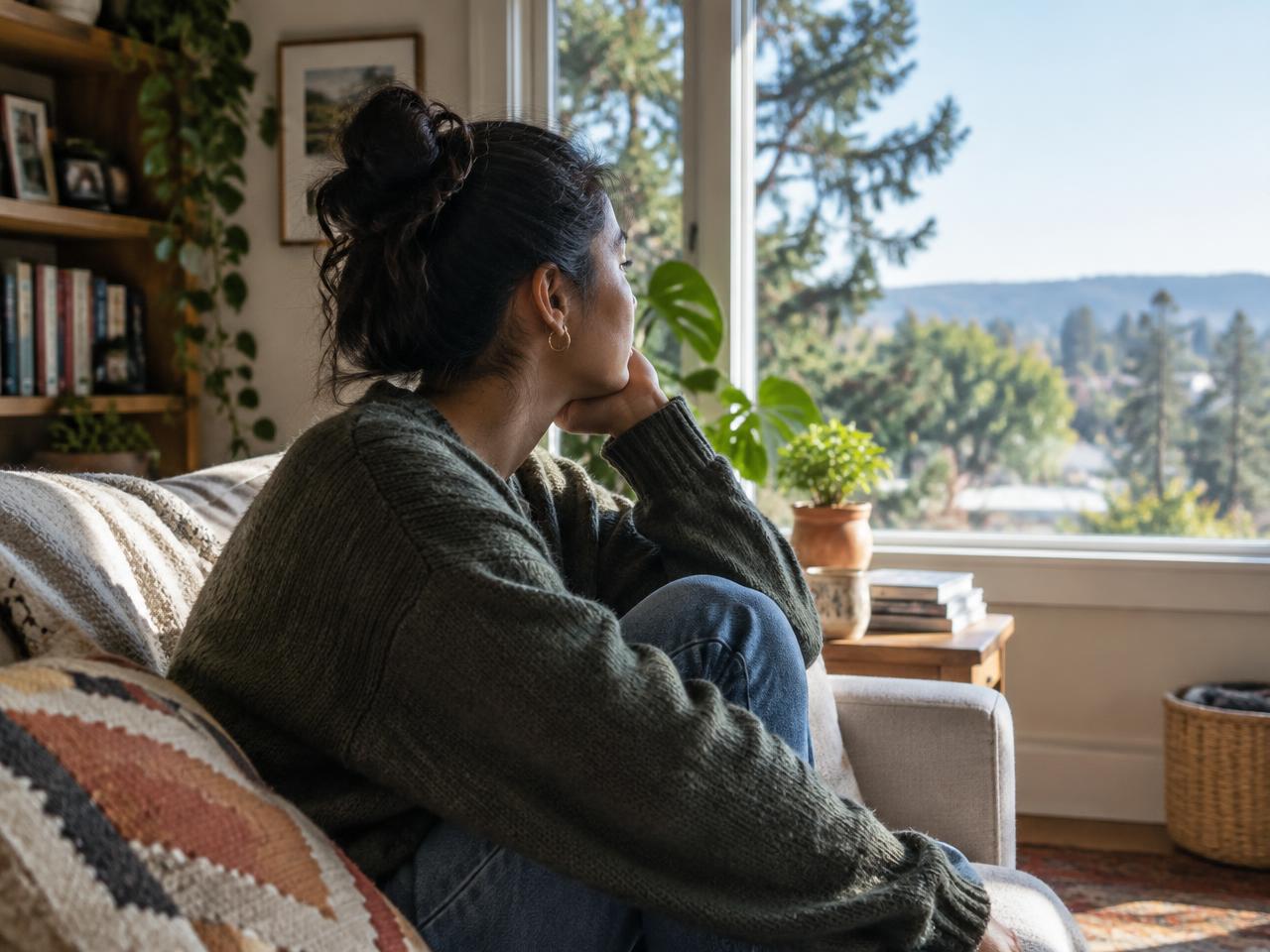 An adult reflecting beside a sunlit living room window