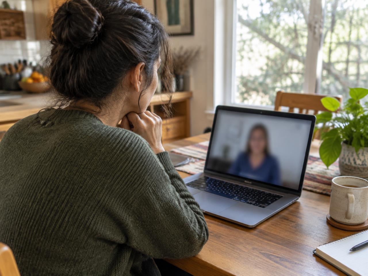 An adult at a kitchen table attending a video conversation