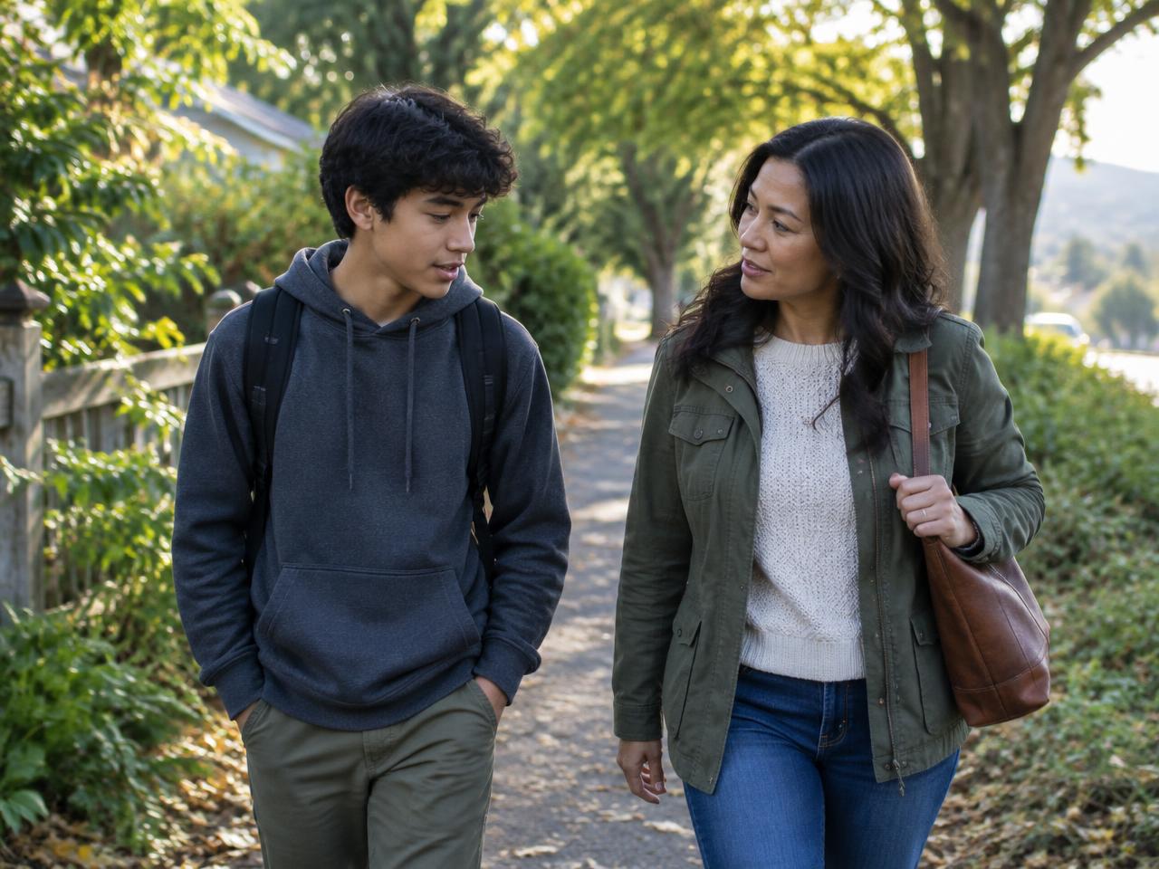 A teen walking and talking with a parent