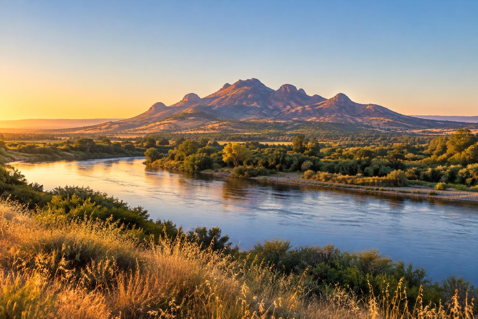 Sunrise over the Sutter Buttes and a Northern California river