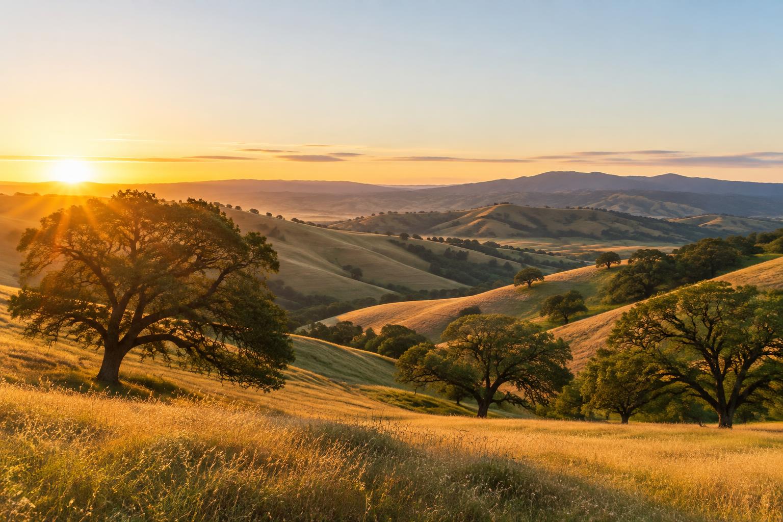 Golden hills and oaks in Vacaville at sunrise